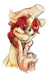 Size: 1235x1935 | Tagged: safe, artist:emberkaese, derpibooru import, oc, oc:velvet pastry, unofficial characters only, human, pony, unicorn, behaving like a dog, blushing, collar, cute, disembodied hand, female, hand, mare, offscreen character, pet play, petting, scratches, scratching, solo