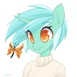 Size: 5000x5000 | Tagged: absurd resolution, anthro, artist:thezealotnightmare, bust, butterfly, clothes, colored pupils, cute, derpibooru import, lyrabetes, lyra heartstrings, portrait, safe, simple background, smiling, solo, sweater, white background