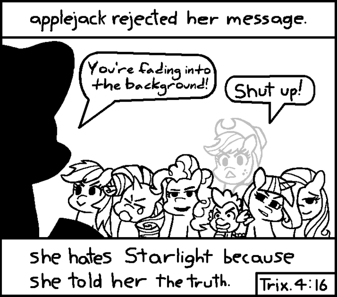 Size: 714x630 | Tagged: applejack, artist:threetwotwo32232, background pony, background pony applejack, chick tract, derpibooru import, dragon, edit, exploitable meme, fluttershy, jack chick, mane six, meme, most people rejected his message, pinkie pie, rainbow dash, rarity, religion, safe, spike, starlight glimmer, twilight sparkle