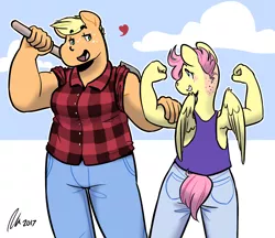 Size: 1280x1106 | Tagged: safe, artist:rwl, derpibooru import, applejack, fluttershy, anthro, earth pony, pegasus, applejacked, appleshy, buff, burly, butch, clothes, female, freckles, height difference, lesbian, lumberjack, mare, muscles, shipping, size difference, tanktop