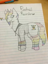 Size: 3024x4032 | Tagged: absurd resolution, artist needed, clothes, derpibooru import, heart, hoodie, lined paper, oc, oc:radical rainbow, one eye closed, rainbow hair, rainbow socks, rainbow tail, safe, socks, solo, striped socks, traditional art, unofficial characters only, wink