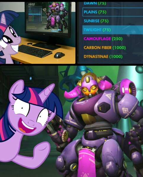 Size: 1391x1728 | Tagged: blizzard entertainment, computer, crossover, derpibooru import, game, happy, orisa, overwatch, pony reference, reaction, reference, safe, twilight sparkle, video game