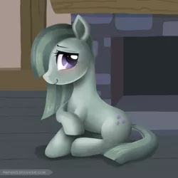 Size: 600x600 | Tagged: safe, artist:piripaints, derpibooru import, marble pie, earth pony, pony, blushing, cute, female, hair over one eye, sitting, solo, updated