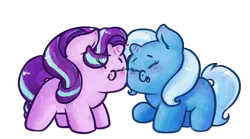 Size: 648x360 | Tagged: safe, artist:lil-berry-babe, derpibooru import, starlight glimmer, trixie, pony, unicorn, :t, blushing, chibi, cute, diatrixes, eyes closed, female, glimmerbetes, happy, heart, lesbian, mare, nuzzling, open mouth, raised hoof, shipping, simple background, smiling, squishy cheeks, startrix, transparent background