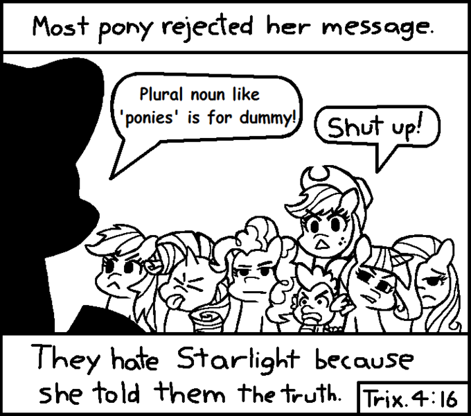 Size: 714x630 | Tagged: applejack, artist:threetwotwo32232, chick tract, derpibooru import, exploitable, exploitable meme, fluttershy, grammar nazi, jack chick, mane six, meme, meta, most people rejected his message, pinkie pie, rainbow dash, rarity, safe, spike, starlight glimmer, template, twilight sparkle