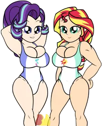 Size: 4768x5850 | Tagged: absurd resolution, arm behind head, armpits, artist:mrmaclicious, big breasts, breasts, busty starlight glimmer, busty sunset shimmer, cleavage, clothes, curvy, derpibooru import, duo, duo female, female, human, humanized, lip bite, looking at you, muscles, simple background, smiling, starlight glimmer, suggestive, sunset shimmer, swimsuit, transparent background