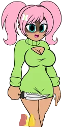 Size: 2464x4984 | Tagged: suggestive, artist:mrmaclicious, derpibooru import, fluttershy, equestria girls, absurd resolution, alternate hairstyle, breasts, busty fluttershy, clothes, female, human coloration, knife, open mouth, open-chest sweater, simple background, sweater, sweater dress, sweatershy, transparent background, yandere, yandere simulator, yandershy