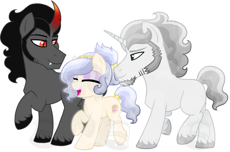 Size: 1024x680 | Tagged: safe, artist:tambelon, derpibooru import, king sombra, oc, oc:opalescent pearl, oc:prince topaz, unofficial characters only, crystal pony, pony, unicorn, canon x oc, female, jewelry, male, mare, oc x oc, shipping, sombralescent, stallion, topalescent, watermark