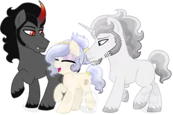Size: 1024x680 | Tagged: safe, artist:tambelon, derpibooru import, king sombra, oc, oc:opalescent pearl, oc:prince topaz, unofficial characters only, crystal pony, pony, unicorn, canon x oc, female, jewelry, male, mare, oc x oc, shipping, sombralescent, stallion, topalescent, watermark