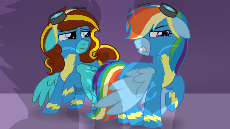 Size: 1024x576 | Tagged: safe, artist:tambelon, derpibooru import, rainbow dash, oc, oc:ilovekimpossiblealot, pegasus, pony, newbie dash, clothes, female, mare, ponysona, shadow, uniform, watermark, wonderbolts, wonderbolts uniform