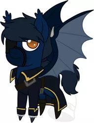 Size: 353x462 | Tagged: safe, artist:tambelon, derpibooru import, oc, oc:abyss, unofficial characters only, bat pony, pony, chibi, clothes, male, solo, stallion, watermark