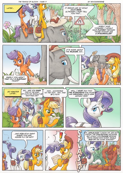 Size: 3490x4890 | Tagged: absurd resolution, applejack, artist:xeviousgreenii, comic, comic:the temple of bloom, derpibooru import, elephant, flower, fly, map, mud, muddy, oc, oc:trunkington, rarity, road sign, saddle bag, safe, scootaloo, swatting, tail whip, traditional art, tree