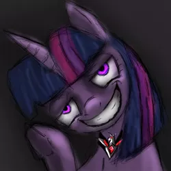 Size: 1000x1000 | Tagged: safe, artist:billyggruff, derpibooru import, twilight sparkle, fanfic, equestria girls, alicorn amulet, evil, evil twilight, fanfic art, grin, smiling