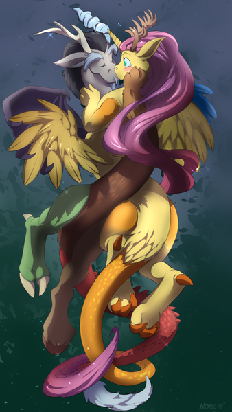 Size: 1080x1920 | Tagged: dead source, safe, artist:noben, derpibooru import, discord, fluttershy, alicorn, draconequus, alicornified, blushing, commission, cute, discoshy, draconequified, female, fluttercorn, flutterequus, holding wings, kissing, male, race swap, shipping, shyabetes, species swap, straight, symmetrical