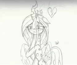 Size: 5647x4783 | Tagged: absurd resolution, artist:ethereal-desired, changeling, crying, derpibooru import, monochrome, queen chrysalis, sad, safe, solo, traditional art