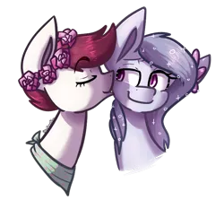 Size: 802x746 | Tagged: safe, artist:crownedspade, derpibooru import, oc, oc:evelyn, oc:premiere amour, unofficial characters only, earth pony, pony, bust, female, floral head wreath, flower, kissing, lesbian, mare, portrait, simple background, transparent background