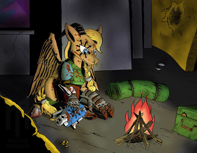Size: 1020x790 | Tagged: grimdark, artist:darkhestur, derpibooru import, oc, oc:hard cider, unofficial characters only, hybrid, pegasus, pony, bolter, campfire, chaos, chaos star, crossover, horn, imperial guard, male, mutant, mutation, nose piercing, nose ring, piercing, solo, storm bolter, warhammer (game), warhammer 40k