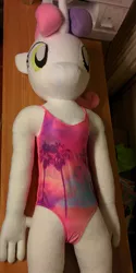 Size: 750x1500 | Tagged: anthro, anthro plushie, artist:liggliluff, clothes, derpibooru import, irl, one-piece swimsuit, photo, plushie, safe, sweetie belle, swimsuit