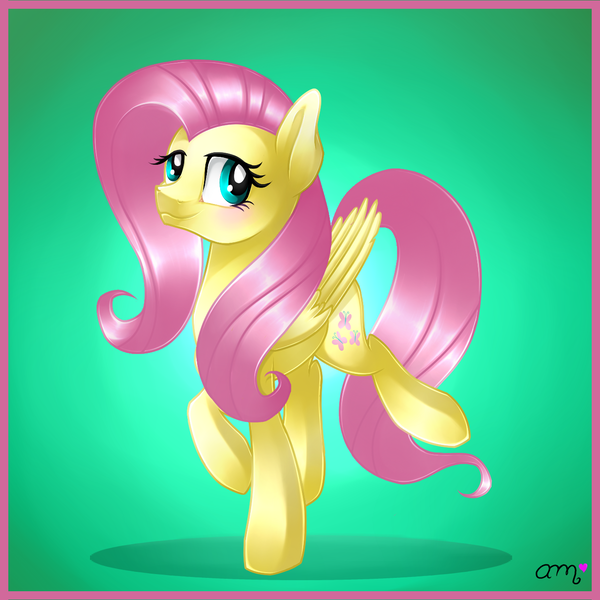 Size: 1300x1300 | Tagged: safe, artist:rainbowsweetcolors, derpibooru import, fluttershy, raised hoof, smiling, solo, walking