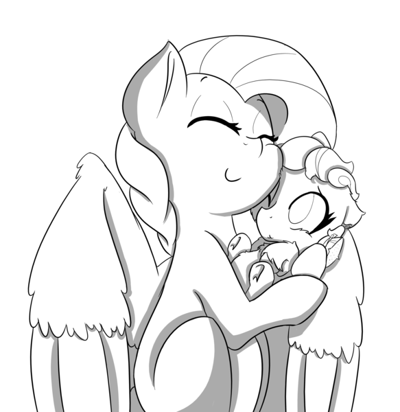 Size: 2500x2571 | Tagged: safe, artist:marukouhai, derpibooru import, fluttershy, oc, oc:euli, pony, high res, hug, monochrome, mother and daughter, offspring, older, parent:bulk biceps, parent:fluttershy, parents:flutterbulk