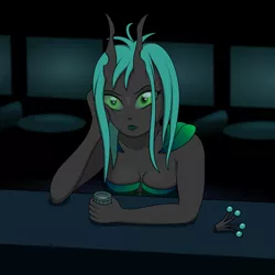 Size: 1200x1200 | Tagged: safe, artist:bajanic, derpibooru import, queen chrysalis, human, alcohol, bar, drink, eared humanization, humanized, solo