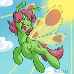 Size: 700x700 | Tagged: artist:goat train, butterfly pony, derpibooru import, flying, oc, oc:honeysuckle, open mouth, safe, sky, smiling, solo, sun, unofficial characters only