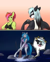 Size: 1019x1268 | Tagged: suggestive, artist:blackblood-queen, derpibooru import, oc, oc:bubble lee, oc:imago, oc:mako, oc:margarite mix, unofficial characters only, anthro, earth pony, hybrid, orca pony, original species, unguligrade anthro, unicorn, alcohol, breasts, cleavage, clothes, female, hitting, makolee, male, mare, night, scared, smiling, stallion, story in the source, story included, surprised, swimming, tanktop, water