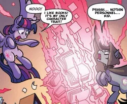 Size: 515x423 | Tagged: safe, artist:tonyfleecs, derpibooru import, edit, idw, shadow lock, twilight sparkle, twilight sparkle (alicorn), alicorn, pony, from the shadows, spoiler:comic, spoiler:comic52, book, coldsteel the hedgeheg, cropped, duo, edgy, female, flanderization, magic, male, mare, nothin personnel kid, speech bubble, stallion, text edit, that pony sure does love books