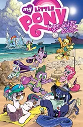 Size: 329x500 | Tagged: safe, artist:andypriceart, derpibooru import, edit, idw, applejack, fluttershy, pinkie pie, princess celestia, princess luna, rainbow dash, rarity, spike, twilight sparkle, twilight sparkle (alicorn), alicorn, dragon, earth pony, pegasus, pony, unicorn, beach, clothes, comic cover, one-piece swimsuit, swimsuit