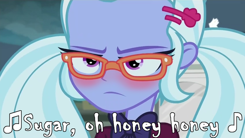 Size: 848x478 | Tagged: safe, derpibooru import, edit, edited edit, edited screencap, screencap, sugarcoat, equestria girls, friendship games, annoyed, blushing, female, lyrics, music, music notes, pigtails, reference, solo, song reference, sugar sugar, sugarcoat is not amused, text, the archies, tsundere, tsunderecoat, twintails, unamused