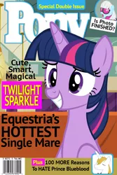 Size: 512x768 | Tagged: safe, artist:titanium dragon, derpibooru import, photo finish, prince blueblood, twilight sparkle, twilight sparkle (alicorn), alicorn, earth pony, pony, unicorn, fanfic, fanfic art, fanfic cover, female, magazine cover, male, mare, parody, people magazine, seems legit, stallion, tabloid