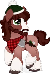 Size: 475x700 | Tagged: safe, artist:tambelon, derpibooru import, oc, oc:cabin fever, unofficial characters only, earth pony, pony, bandana, beard, cap, clothes, facial hair, hat, hatchet, lumberjack, male, solo, stallion, unshorn fetlocks, watermark