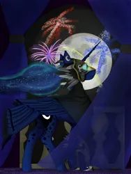 Size: 1725x2300 | Tagged: artist:scrap-lord, balcony, carnival, cloak, clothes, derpibooru import, drapes, feather, fireworks, glowing eyes, mask, moon, princess luna, safe, solo, tail feathers