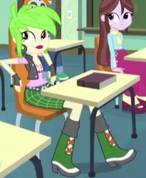 Size: 253x308 | Tagged: safe, derpibooru import, screencap, cherry crash, snips, velvet sky, equestria girls, friendship games, book, boots, cherry, clothes, cropped, ear piercing, earring, fingerless gloves, food, gloves, high heel boots, jewelry, piercing, raised leg, shoes