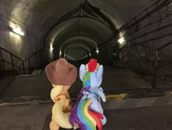 Size: 3264x2448 | Tagged: safe, artist:setorin5, derpibooru import, applejack, rainbow dash, 4de, appledash, female, irl, japan, lesbian, photo, plushie, ponies around the world, shipping, stairs, travelling, tunnel