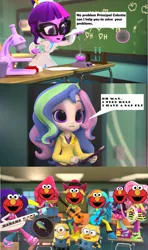 Size: 961x1620 | Tagged: safe, derpibooru import, edit, applejack, fluttershy, pinkie pie, princess celestia, rainbow dash, rarity, sci-twi, twilight sparkle, equestria girls, rainbow rocks, classroom, despicable me, doll, elmo, equestria girls minis, laboratory, minions, parody, rainbow rocks outfit, shitposting, toy, wat