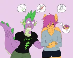 Size: 1500x1200 | Tagged: safe, artist:lurking tyger, derpibooru import, scootaloo, spike, anthro, blushing, clothes, eyes closed, female, freakout, male, older, older spike, prank, scootaspike, shipping, shirt, shorts, smiling, straight, virgin, wide hips