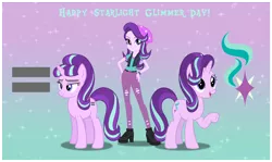 Size: 2544x1520 | Tagged: safe, artist:andoanimalia, artist:dashiesparkle, artist:sunsetshimmer333, derpibooru import, starlight glimmer, pony, unicorn, equestria girls, mirror magic, spoiler:eqg specials, abstract background, boots, clothes, equal cutie mark, evil, female, good, hand on hip, high heel boots, looking at you, mare, open mouth, pants, raised hoof, solo, starlight glimmer day, triple the glimmer, underhoof