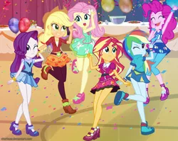 Size: 1379x1098 | Tagged: safe, artist:charliexe, derpibooru import, applejack, fluttershy, pinkie pie, rainbow dash, rarity, sunset shimmer, equestria girls, friendship games, bracelet, canterlot high, clothes, confetti, cowboy hat, cup, cute, dress, eyes closed, female, food, freckles, hat, high heels, leg focus, leggings, legs, mary janes, miniskirt, necktie, one eye closed, open mouth, pantyhose, punch (drink), punch bowl, raised leg, salad, school spirit, schrödinger's pantsu, shoes, show accurate, skirt, skirt lift, stetson, streamers, wink, wristband