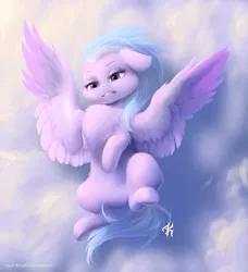 Size: 1959x2151 | Tagged: safe, artist:katputze, derpibooru import, cloudchaser, pony, chest fluff, cloud, flying, impossibly large chest fluff, smiling, solo, spread wings