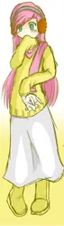Size: 524x1848 | Tagged: artist:applestems, blushing, boots, clothes, cropped, cute, derpibooru import, earmuffs, edit, female, fluttershy, gradient background, human, humanized, long skirt, looking at you, plushie, rabbit, safe, scarf, shoes, shyabetes, skirt, solo, sweater, sweatershy
