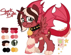 Size: 894x700 | Tagged: artist:tambelon, bell, bell collar, cloven hooves, collar, derpibooru import, dracony, glasses, horn, hybrid, oc, oc:shark byte, reference sheet, safe, solo, unofficial characters only, unshorn fetlocks, watermark