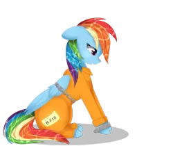 Size: 1024x860 | Tagged: safe, artist:little-sketches, derpibooru import, rainbow dash, pegasus, pony, b-f16, bound wings, chains, clothes, cuffs, female, mare, prison outfit, prisoner, prisoner rd, restrained, shackles, simple background, solo, transparent background