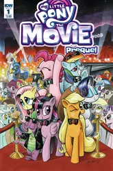 Size: 1054x1600 | Tagged: safe, artist:andypriceart, derpibooru import, idw, applejack, berry punch, berryshine, big macintosh, bon bon, carrot top, derpy hooves, doctor whooves, fluttershy, golden harvest, lyra heartstrings, octavia melody, pinkie pie, princess celestia, princess luna, rainbow dash, rarity, spike, starlight glimmer, sweetcream scoops, sweetie drops, time turner, twilight sparkle, twilight sparkle (alicorn), vinyl scratch, zecora, alicorn, dragon, earth pony, pegasus, pony, unicorn, zebra, my little pony: the movie, spoiler:comic, spoiler:comic mlp movie prequel, carriage, comic cover, cover, hollywood, limousine, male, mane seven, mane six, my little pony: the movie prequel