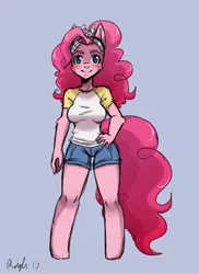 Size: 930x1280 | Tagged: anthro, artist:autumnmelody, blushing, cheek fluff, clothes, denim shorts, derpibooru import, female, hand on hip, looking at you, pinkie pie, safe, shirt, shorts, signature, simple background, smiling, solo, t-shirt, unguligrade anthro