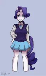 Size: 777x1280 | Tagged: anthro, artist:autumnmelody, clothes, derpibooru import, eye clipping through hair, female, hand on hip, looking at you, rarity, safe, shirt, signature, simple background, skirt, smiling, solo, sweater vest, unguligrade anthro, vest