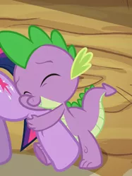 Size: 486x650 | Tagged: safe, derpibooru import, screencap, spike, twilight sparkle, dragon, spike at your service, cropped, cute, eyes closed, hug, leg hug, smiling, solo focus, spikabetes