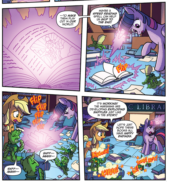 Size: 869x932 | Tagged: safe, artist:tonyfleecs, derpibooru import, idw, applejack, twilight sparkle, twilight sparkle (alicorn), alicorn, earth pony, pony, from the shadows, spoiler:comic, spoiler:comic52, book, comic, cropped, exploding sniffles, explosion, female, library, magic, mare, marshan, official comic, sneezing, speech bubble, speed reading, the war of the worlds