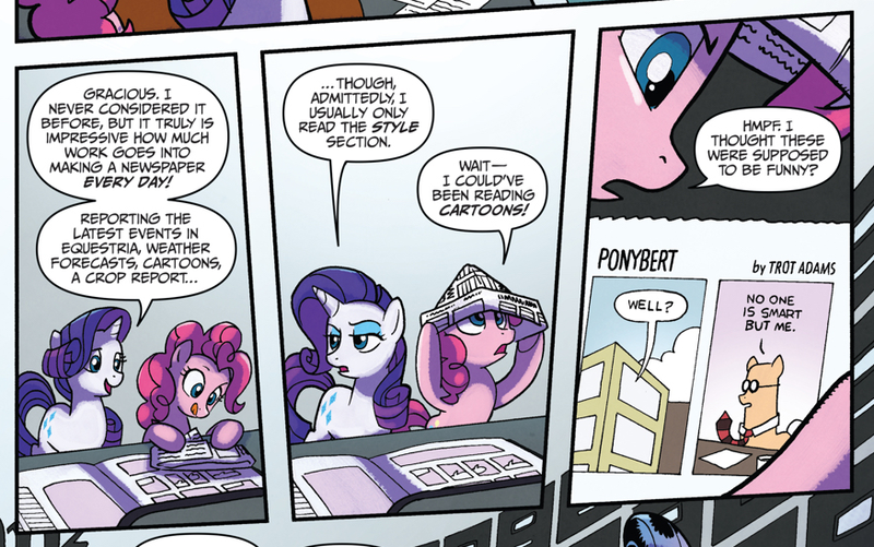 Size: 876x549 | Tagged: safe, artist:tonyfleecs, derpibooru import, idw, pinkie pie, rarity, ponified, earth pony, pony, unicorn, from the shadows, spoiler:comic, spoiler:comic52, comic, cropped, dilbert, female, hat, mare, newspaper hat, official comic, paper hat, reference, speech bubble, take that, the dilbert zone