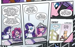 Size: 876x549 | Tagged: safe, artist:tonyfleecs, derpibooru import, idw, pinkie pie, rarity, ponified, earth pony, pony, unicorn, from the shadows, spoiler:comic, spoiler:comic52, comic, cropped, dilbert, female, hat, mare, newspaper hat, official comic, paper hat, reference, speech bubble, take that, the dilbert zone